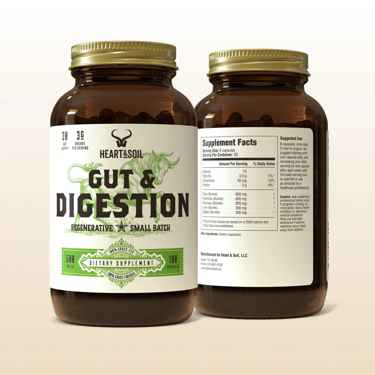 Two bottles of 'Gut & Digestion' dietary supplements with labels on a beige background