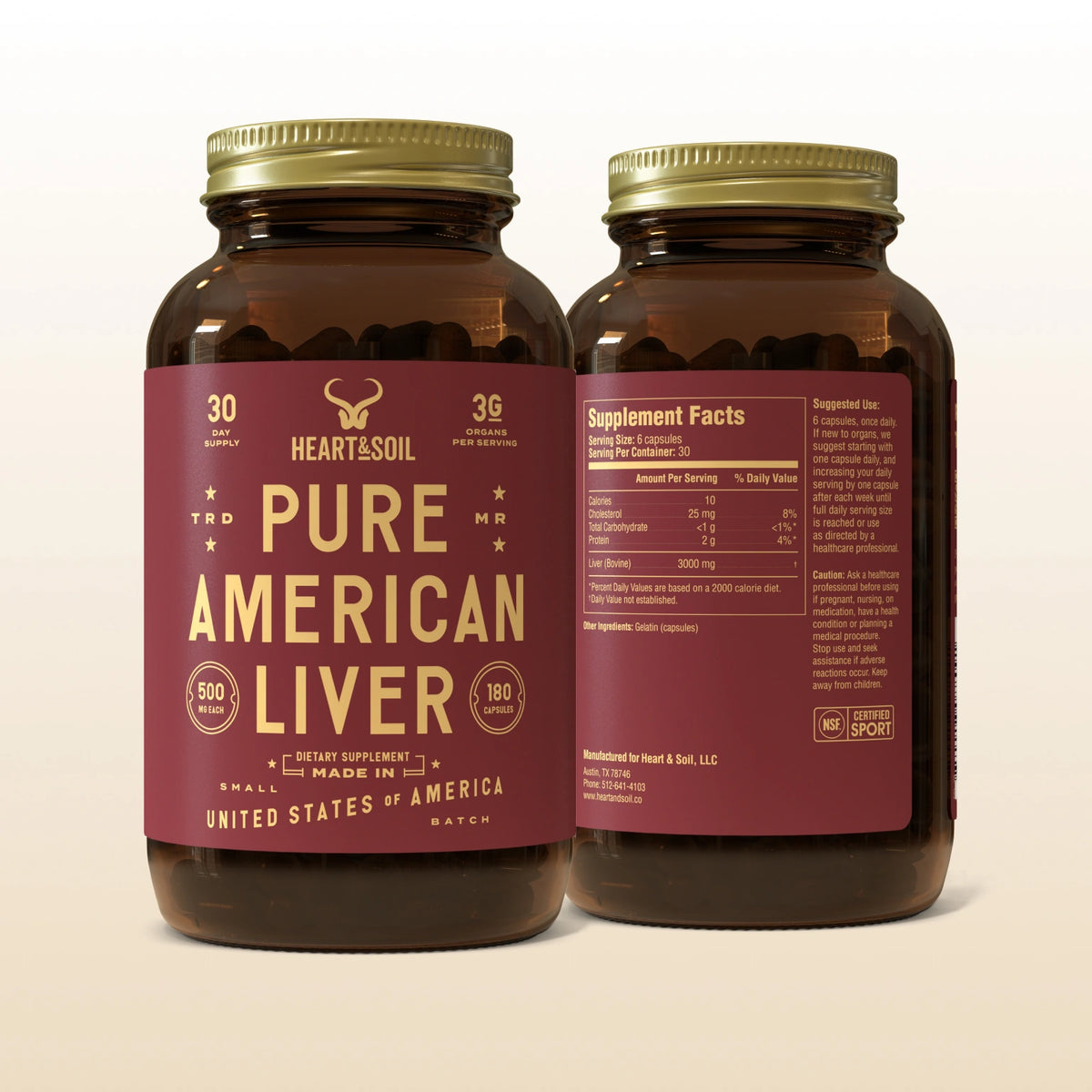 Two bottles of 'Pure American Liver' supplement with maroon labels on a beige background
