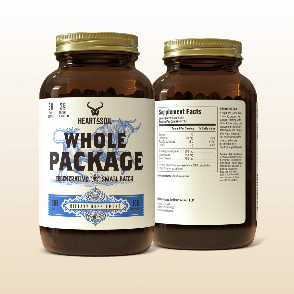 Two bottles of 'Whole Package' dietary supplements with labels on a beige background