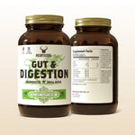 Two bottles of 'Gut & Digestion' dietary supplements with labels on a beige background