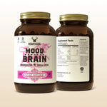 Two brown supplement bottles labeled 'Mood Memory & Brain' on a beige background