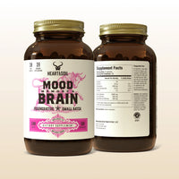 Two brown supplement bottles labeled 'Mood Memory & Brain' on a beige background