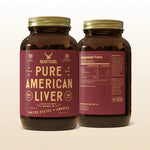 Two bottles of 'Pure American Liver' supplement with maroon labels on a beige background