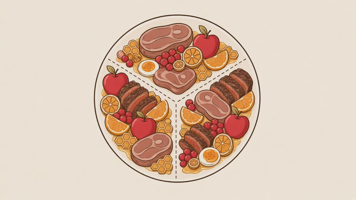 Illustration of a plate of steak, egg and orange with callouts to muscle, minerals and a cell